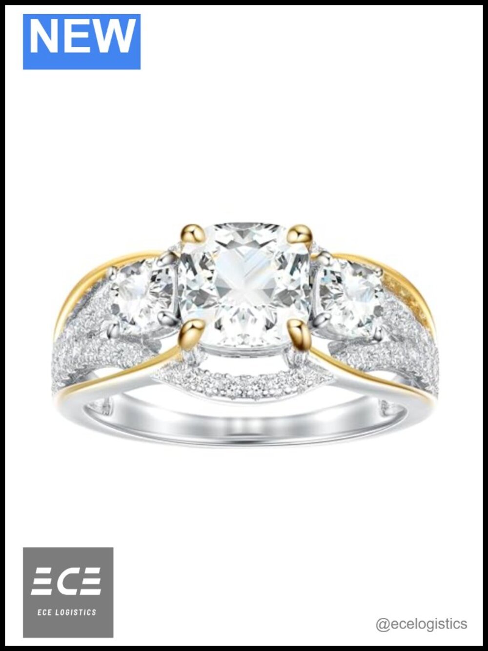 2Ct 925 Sterling Silver 3 Stone Cushion Cut CZ Engagement Ring